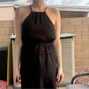 Black halter midi dress with adjustable straps